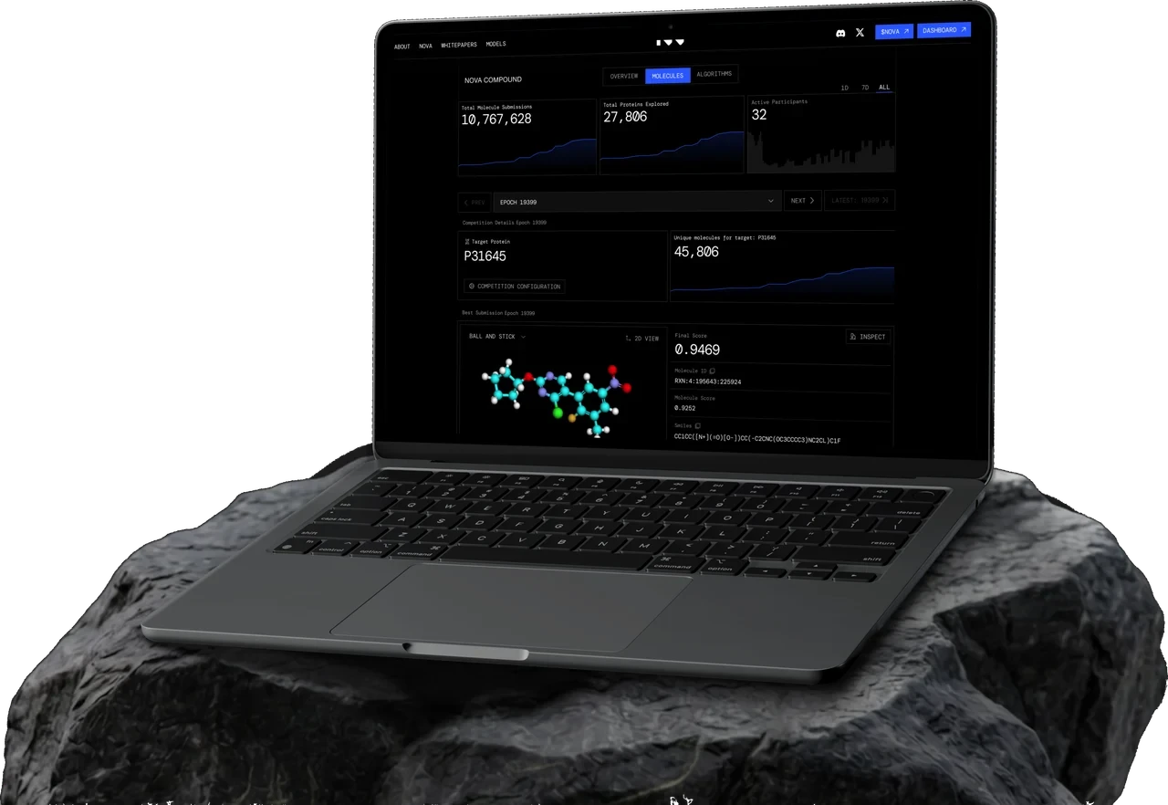 Metanova NOVA drug-discovery dashboard on a MacBook